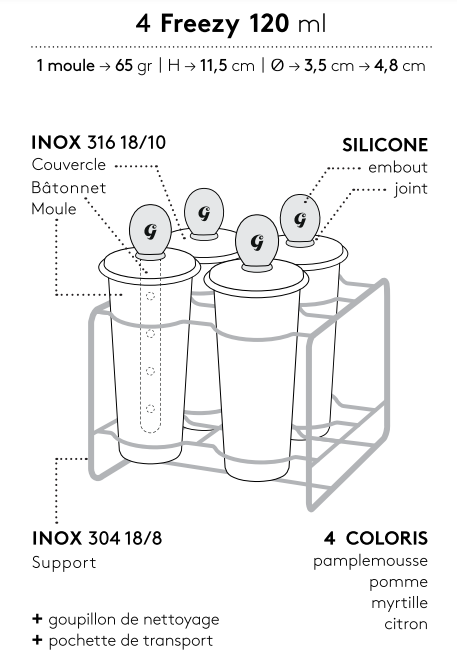 Gaspajoe -- Set de 4 moules à glaces inox avec bâtonnets inox s - 120 ml