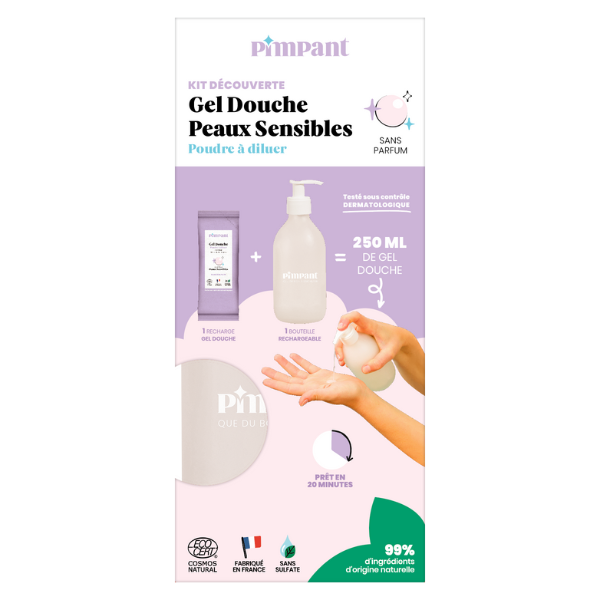 Pimpant -- Kit découverte Gel douche sans parfum poudre à diluer - 1 bouteille + 1 recharge